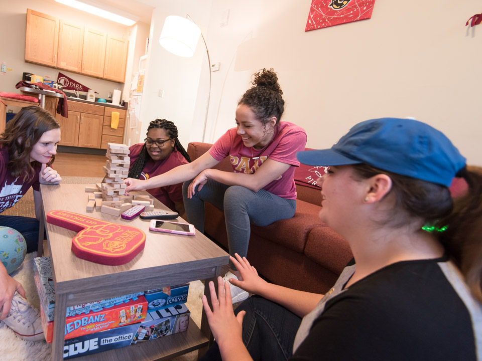 students playing jenga