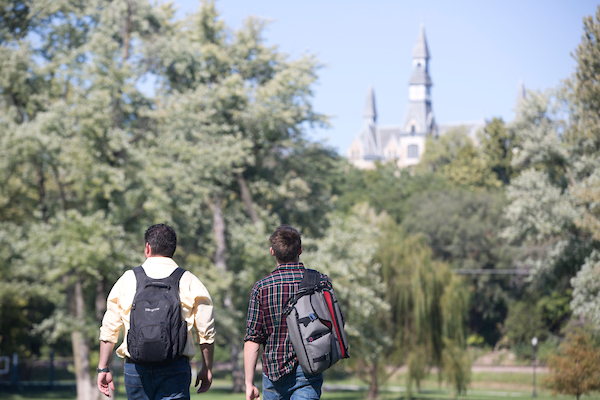 students walking in park