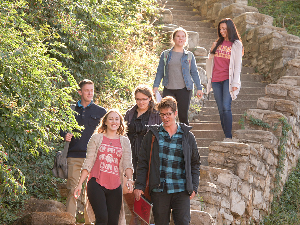 students walking down steps outside