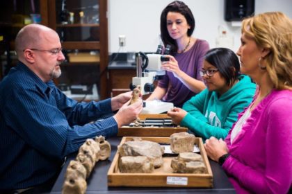 students in class looking at rocks