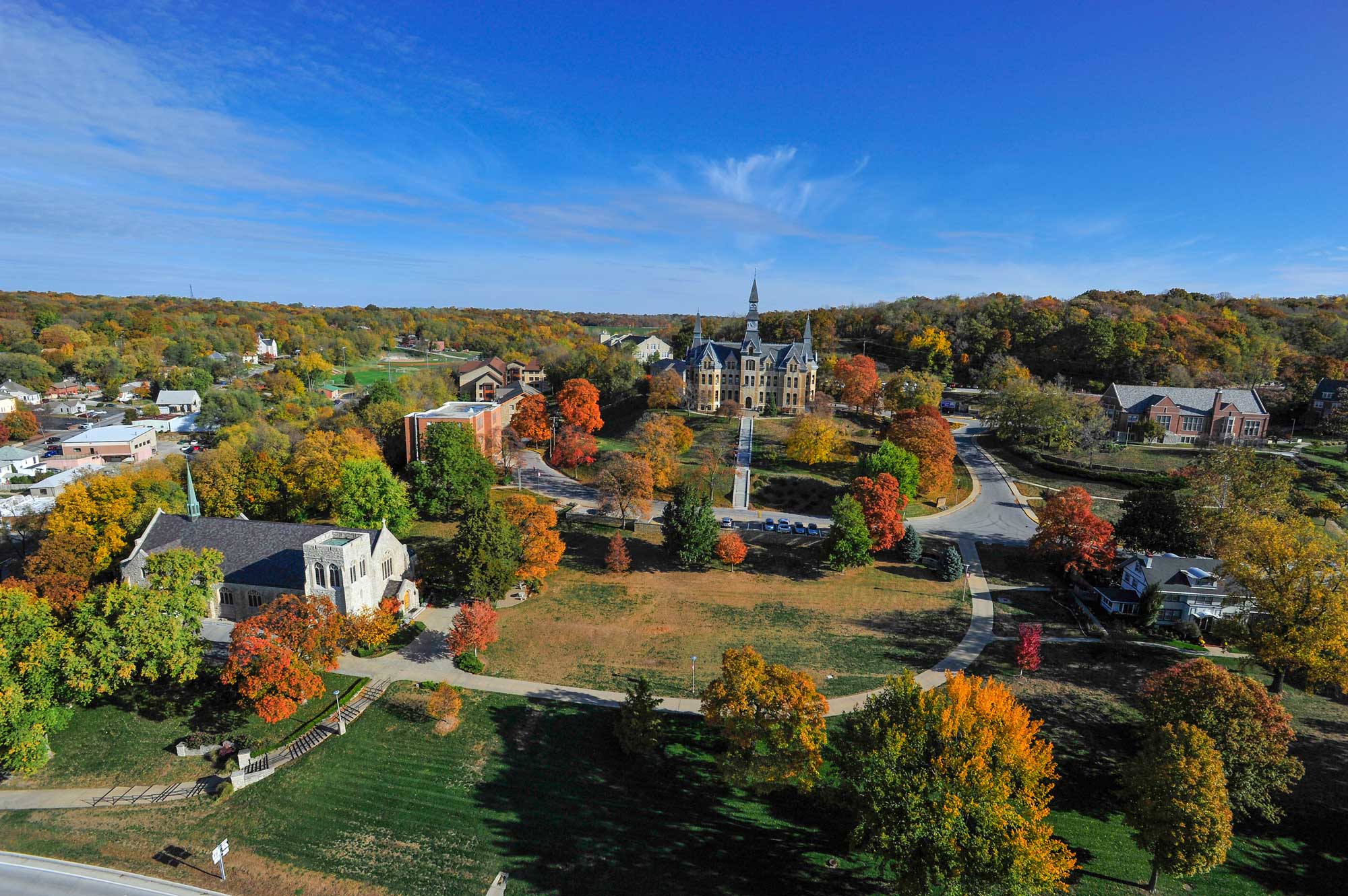 aerial view of Park University campus in fall
