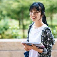 female international student on campus